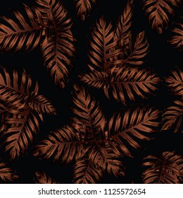 Palm Monstera Seamless Pattern. Orange Black Tropical Summer Background. Beach Jungle Leaves for Swimwear Design. Lei Rapport. Retro Hawaiian Print. Exotic Texture. Botanic tiling.