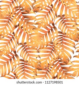Palm Monstera Seamless Pattern. Orange White Tropical Summer Background. Beach Jungle Leaves for Swimwear Design. Lei Rapport. Vintage Hawaiian Print. Tropic Textile Texture.  Botanic tiling.