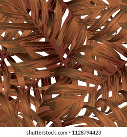 Palm Monstera Seamless Pattern. Orange White Tropical Summer Background. Beach Jungle Leaves for Swimwear Design. Lei Rapport. Vintage Hawaiian Print. Exotic Texture. Botanic tile.