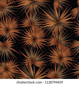 Palm Monstera Seamless Pattern. Orange Black Tropical Summer Background. Beach Jungle Leaves for Swimwear Design. Lei Rapport. Vintage Hawaiian Print. Tropic Textile Texture.  Botanic tiling.