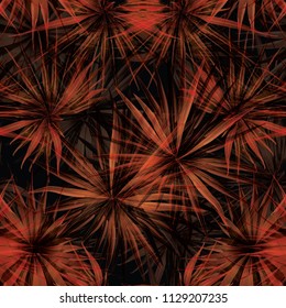 Palm Monstera Seamless Pattern. Orange Black Tropical Summer Background. Beach Jungle Leaves for Swimwear Design. Lei Rapport. Vintage Hawaiian Print. Tropic Textile Texture.  Botanic tiling.