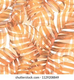 Palm Monstera Seamless Pattern. Orange White Tropical Summer Background. Beach Jungle Leaves for Swimwear Design. Lei Rapport. Retro Hawaiian Print. Tropic Textile Texture.  Botanic tile.
