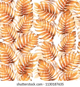 Palm Monstera Seamless Pattern. Orange White Tropical Summer Background. Beach Jungle Leaves for Swimwear Design. Lei Rapport. Retro Hawaiian Print. Tropic Textile Texture.  Botanic tiling.