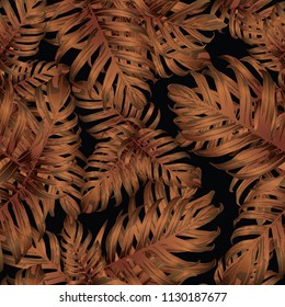 Palm Monstera Seamless Pattern. Orange Black Tropical Summer Background. Beach Jungle Leaves for Swimwear Design. Lei Rapport. Retro Hawaiian Print. Tropic Textile Texture.  Botanic tile.