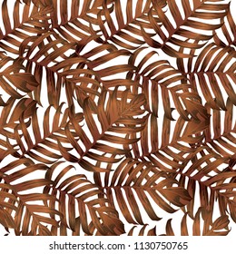 Palm Monstera Seamless Pattern. Orange White Tropical Summer Background. Beach Jungle Leaves for Swimwear Design. Lei Rapport. Vintage Hawaiian Print. Tropic Textile Texture.  Botanic tile.