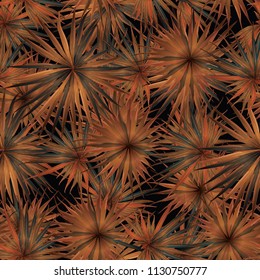 Palm Monstera Seamless Pattern. Orange Black Tropical Summer Background. Beach Jungle Leaves for Swimwear Design. Lei Rapport. Retro Hawaiian Print. Exotic Texture. Botanic tiling.