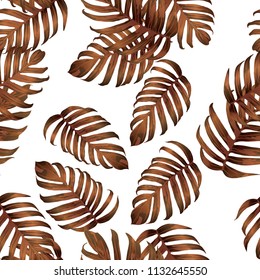 Palm Monstera Seamless Pattern. Orange White Tropical Summer Background. Beach Jungle Leaves for Swimwear Design. Lei Rapport. Retro Hawaiian Print. Exotic Texture. Botanic tile.