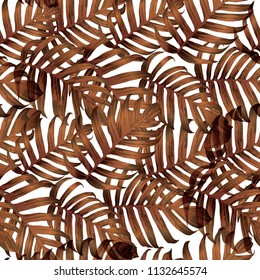 Palm Monstera Seamless Pattern. Orange White Tropical Summer Background. Beach Jungle Leaves for Swimwear Design. Lei Rapport. Vintage Hawaiian Print. Tropic Textile Texture.  Botanic tile.