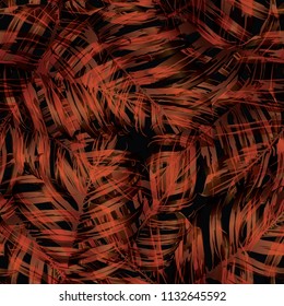 Palm Monstera Seamless Pattern. Orange Black Tropical Summer Background. Beach Jungle Leaves for Swimwear Design. Lei Rapport. Vintage Hawaiian Print. Tropic Textile Texture.  Botanic tile.