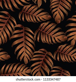 Palm Monstera Seamless Pattern. Orange Black Tropical Summer Background. Beach Jungle Leaves for Swimwear Design. Lei Rapport. Vintage Hawaiian Print. Tropic Textile Texture.  Botanic tile.