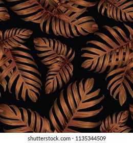 Palm Monstera Seamless Pattern. Orange Black Tropical Summer Background. Beach Jungle Leaves for Swimwear Design. Lei Rapport. Retro Hawaiian Print. Exotic Texture. Botanic tile.