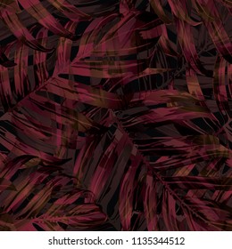 Palm Monstera Seamless Pattern. Orange Black Tropical Summer Background. Beach Jungle Leaves for Swimwear Design. Lei Rapport. Vintage Hawaiian Print. Exotic Texture. Botanic tile.