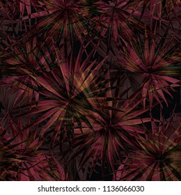 Palm Monstera Seamless Pattern. Orange Black Tropical Summer Background. Beach Jungle Leaves for Swimwear Design. Lei Rapport. Retro Hawaiian Print. Exotic Texture. Botanic tiling.