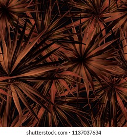 Palm Monstera Seamless Pattern. Orange Black Tropical Summer Background. Beach Jungle Leaves for Swimwear Design. Lei Rapport. Retro Hawaiian Print. Tropic Textile Texture.  Botanic tile.