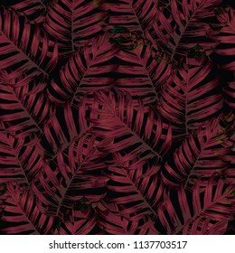 Palm Monstera Seamless Pattern. Orange Black Tropical Summer Background. Beach Jungle Leaves for Swimwear Design. Lei Rapport. Retro Hawaiian Print. Tropic Textile Texture.  Botanic tiling.
