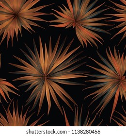 Palm Monstera Seamless Pattern. Orange Black Tropical Summer Background. Beach Jungle Leaves for Swimwear Design. Lei Rapport. Retro Hawaiian Print. Tropic Textile Texture.  Botanic tiling.