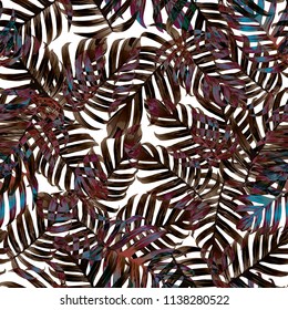 Palm Monstera Seamless Pattern. Orange Black Tropical Summer Background. Beach Jungle Leaves for Swimwear Design. Lei Rapport. Retro Hawaiian Print. Exotic Texture. Botanic tiling.