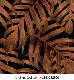 Palm Monstera Seamless Pattern. Orange Black Tropical Summer Background. Beach Jungle Leaves for Swimwear Design. Lei Rapport. Vintage Hawaiian Print. Tropic Textile Texture.  Botanic tile.