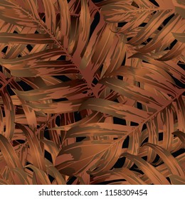 Palm Monstera Seamless Pattern. Orange Black Tropical Summer Background. Beach Jungle Leaves for Swimwear Design. Lei Rapport. Retro Hawaiian Print. Tropic Textile Texture.  Botanic tile.