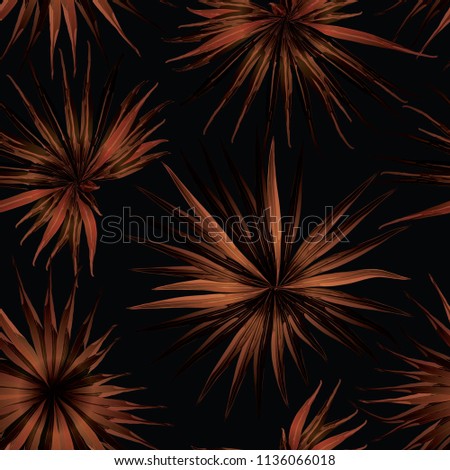 Palm Monstera Seamless Pattern. Orange Black Tropical Summer Background. Beach Jungle Leaves for Swimwear Design. Lei Rapport. Vintage Hawaiian Print. Exotic Texture. Botanic tiling.