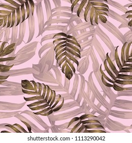 Palm Monstera Seamless Pattern. Pink White Tropical Summer Background. Beach Jungle Leaves for Swimwear Design. Lei Rapport. Retro Hawaiian Print. Exotic Texture. Botanic tile.