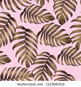 Palm Monstera Seamless Pattern. Pink White Tropical Summer Background. Beach Jungle Leaves for Swimwear Design. Lei Rapport. Retro Hawaiian Print. Exotic Texture. Botanic tile.