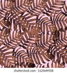 Palm Monstera Seamless Pattern. Pink White Tropical Summer Background. Beach Jungle Leaves for Swimwear Design. Lei Rapport. Vintage Hawaiian Print. Exotic Texture. Botanic tiling.