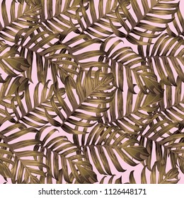 Palm Monstera Seamless Pattern. Pink White Tropical Summer Background. Beach Jungle Leaves for Swimwear Design. Lei Rapport. Retro Hawaiian Print. Exotic Texture. Botanic tiling.