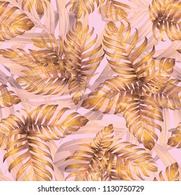 Palm Monstera Seamless Pattern. Pink White Tropical Summer Background. Beach Jungle Leaves for Swimwear Design. Lei Rapport. Retro Hawaiian Print. Exotic Texture. Botanic tile.