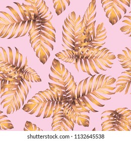Palm Monstera Seamless Pattern. Pink White Tropical Summer Background. Beach Jungle Leaves for Swimwear Design. Lei Rapport. Vintage Hawaiian Print. Exotic Texture. Botanic tile.