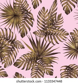 Palm Monstera Seamless Pattern. Pink White Tropical Summer Background. Beach Jungle Leaves for Swimwear Design. Lei Rapport. Retro Hawaiian Print. Tropic Textile Texture.  Botanic tile.