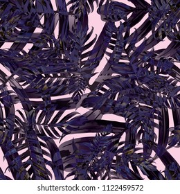 Palm Monstera Seamless Pattern. Purple Tropical Summer Background. Beach Jungle Leaves for Swimwear Design. Lei Rapport. Vintage Hawaiian Print. Tropic Textile Texture.  Botanic tile.