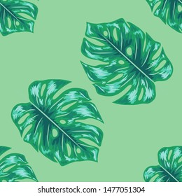 Palm Monstera Seamless Pattern. Tropical Summer Background. Beach Jungle Leaves for Swimwear Design.