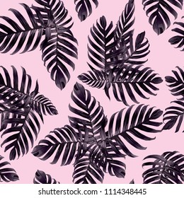 Palm Monstera Seamless Pattern. Ultraviolet Tropical Summer Background. Beach Jungle Leaves for Swimwear Design. Lei Rapport. Retro Hawaiian Print. Tropic Textile Texture.  Botanic tiling.