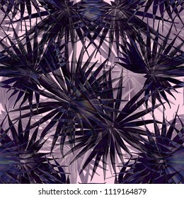 Palm Monstera Seamless Pattern. Violet Tropical Summer Background. Beach Jungle Leaves for Swimwear Design. Lei Rapport. Retro Hawaiian Print. Exotic Texture. Botanic tile.