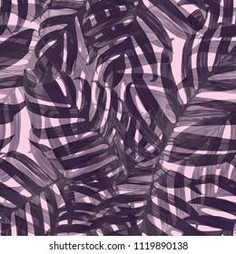 Palm Monstera Seamless Pattern. Violet Tropical Summer Background. Beach Jungle Leaves for Swimwear Design. Lei Rapport. Retro Hawaiian Print. Tropic Textile Texture.  Botanic tile.