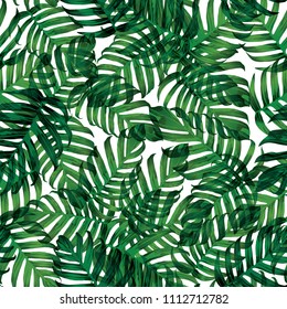 Palm Monstera Seamless Pattern. White Green Tropical Summer Background. Beach Jungle Leaves for Swimwear Design. Lei Rapport. Retro Hawaiian Print. Tropic Textile Texture.  Botanic tile.