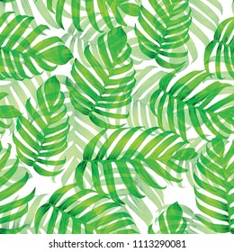 Palm Monstera Seamless Pattern. White Green Tropical Summer Background. Beach Jungle Leaves for Swimwear Design. Lei Rapport. Vintage Hawaiian Print. Tropic Textile Texture.  Botanic tile.