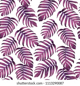 Palm Monstera Seamless Pattern. White Pink Tropical Summer Background. Beach Jungle Leaves for Swimwear Design. Lei Rapport. Retro Hawaiian Print. Tropic Textile Texture.  Botanic tiling.