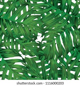 Palm Monstera Seamless Pattern. White Green Tropical Summer Background. Beach Jungle Leaves for Swimwear Design. Lei Rapport. Retro Hawaiian Print. Exotic Texture. Botanic tiling.