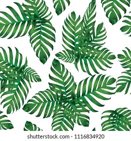 Palm Monstera Seamless Pattern. White Green Tropical Summer Background. Beach Jungle Leaves for Swimwear Design. Lei Rapport. Retro Hawaiian Print. Tropic Textile Texture.  Botanic tiling.