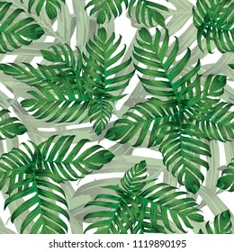 Palm Monstera Seamless Pattern. White Green Tropical Summer Background. Beach Jungle Leaves for Swimwear Design. Lei Rapport. Retro Hawaiian Print. Tropic Textile Texture.  Botanic tiling.