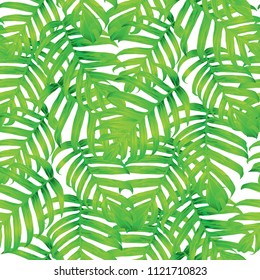 Palm Monstera Seamless Pattern. White Green Tropical Summer Background. Beach Jungle Leaves for Swimwear Design. Vintage Hawaiian Print. Exotic Texture. Botanic tile.
