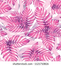 Palm Monstera Seamless Pattern. White Pink Tropical Summer Background. Beach Jungle Leaves for Swimwear Design. Vintage Hawaiian Print. Exotic Texture. Botanic tile.