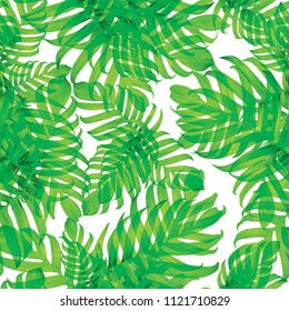 Palm Monstera Seamless Pattern. White Green Tropical Summer Background. Beach Jungle Leaves for Swimwear Design. Retro Hawaiian Print. Tropic Textile Texture.  Botanic tiling.
