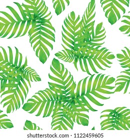 Palm Monstera Seamless Pattern. White Green Tropical Summer Background. Beach Jungle Leaves for Swimwear Design. Lei Rapport. Vintage Hawaiian Print. Exotic Texture. Botanic tiling.
