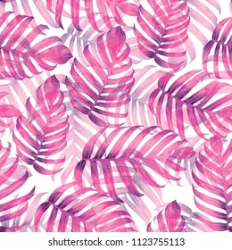 Palm Monstera Seamless Pattern. White Pink Tropical Summer Background. Beach Jungle Leaves for Swimwear Design. Lei Rapport. Retro Hawaiian Print. Exotic Texture. Botanic tiling.