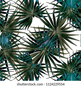 Palm Monstera Seamless Pattern. White Green Tropical Summer Background. Beach Jungle Leaves for Swimwear Design. Lei Rapport. Retro Hawaiian Print. Exotic Texture. Botanic tiling.