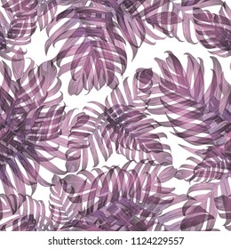 Palm Monstera Seamless Pattern. White Pink Tropical Summer Background. Beach Jungle Leaves for Swimwear Design.  Vintage Hawaiian Print. Exotic Texture. Botanic tiling.