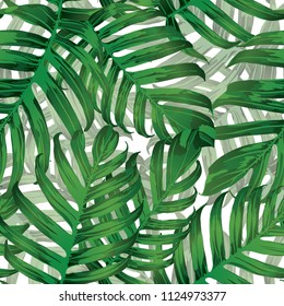 Palm Monstera Seamless Pattern. White Green Tropical Summer Background. Beach Jungle Leaves for Swimwear Design. Lei Rapport. Retro Hawaiian Print. Tropic Textile Texture.  Botanic tiling.